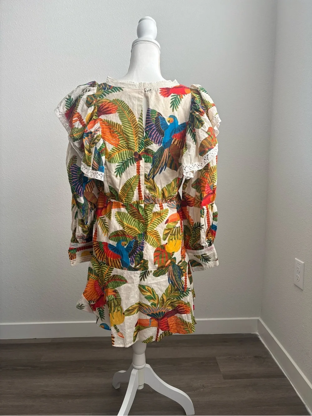 FARM Rio Cream Mini Dress with Tropical Parrot Print - Picture 3 of 7
